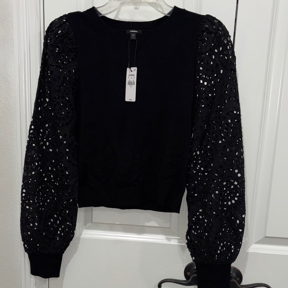 Express Black Crew Neck Sweater with Lace Sleeves
